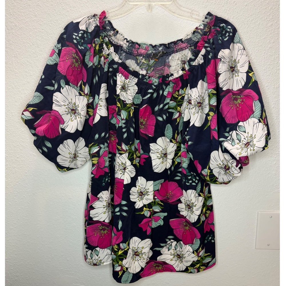 Milk & Honey Floral‎ Blouse Women 1X Navy Pink Off Shoulder Puff Sleeve Peasant